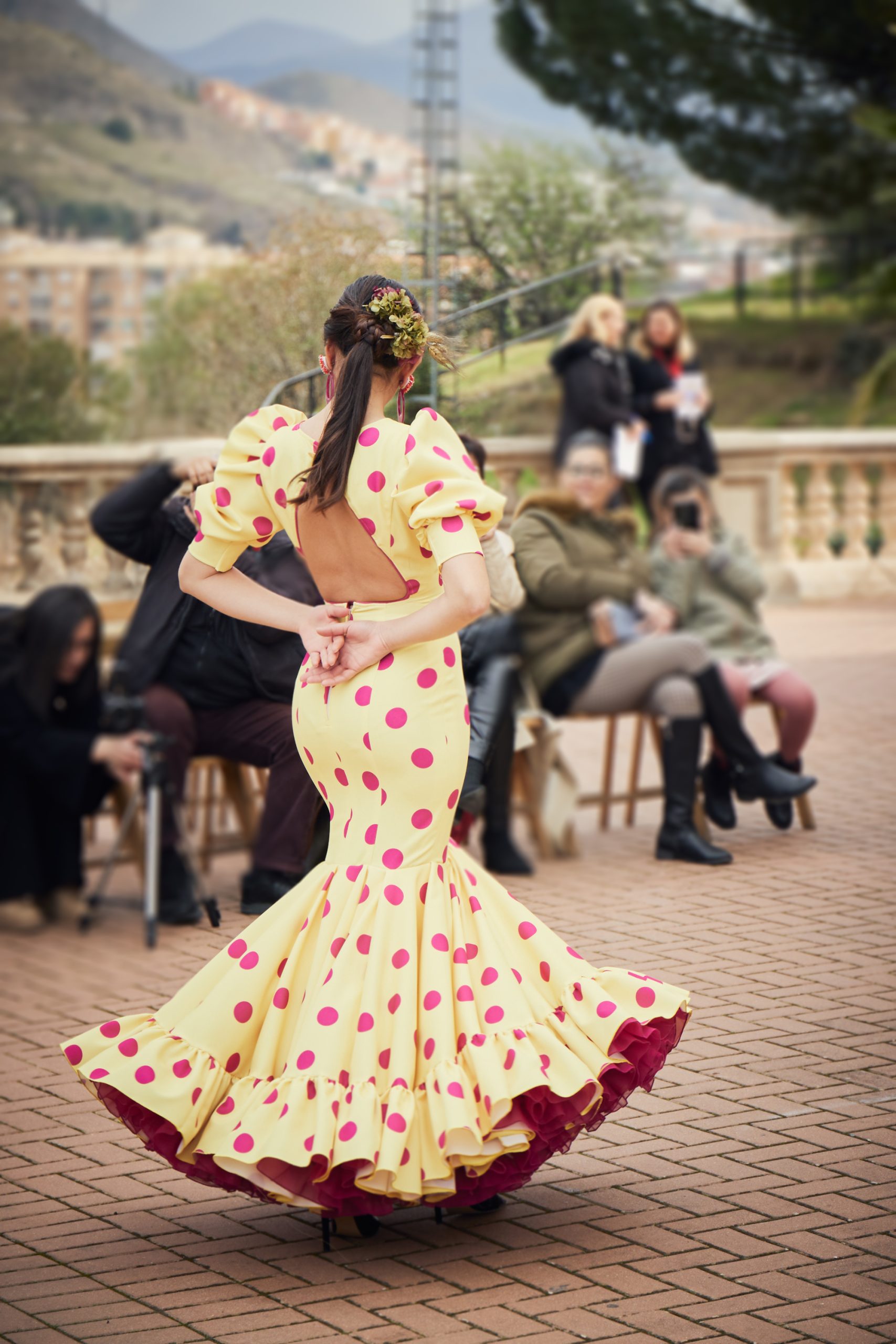 Vestido flamenca de nesgas estampado granate – Hita y Arcos 2024